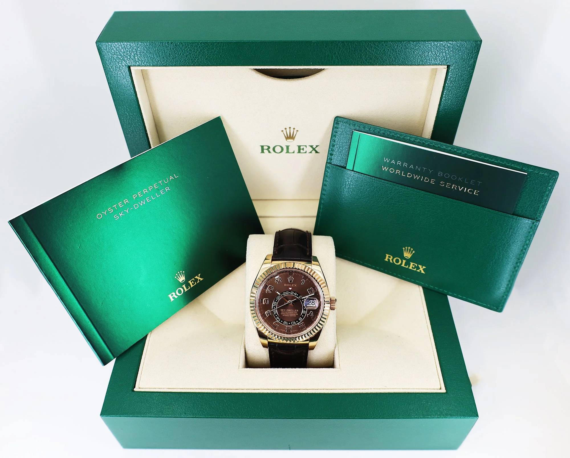 Rolex Everose Gold Sky-Dweller Watch - Chocolate Sunray Arabic Dial - Brown Leather Strap - 326135 cho - Image 8