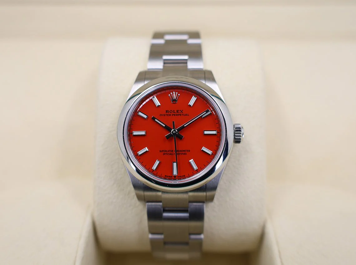 Rolex Oyster Perpetual 31 Watch - Domed Bezel - Coral Red Index Dial - Oyster Bracelet - 2020 Release - 277200 reio